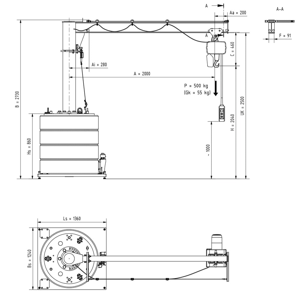 Potence VETTER®, palan électrique à chaîne électrique LIFTKET inclus, version mobile, plage de pivotement de 360°, portée 2 000 mm, capacité de charge 500 kg N° de l'image du produit 2 : Potence VETTER®, palan électrique à chaîne électrique LIFTKET inclus, version mobile, plage de pivotement de 360°, portée 2 000 mm, capacité de charge 500 kg
