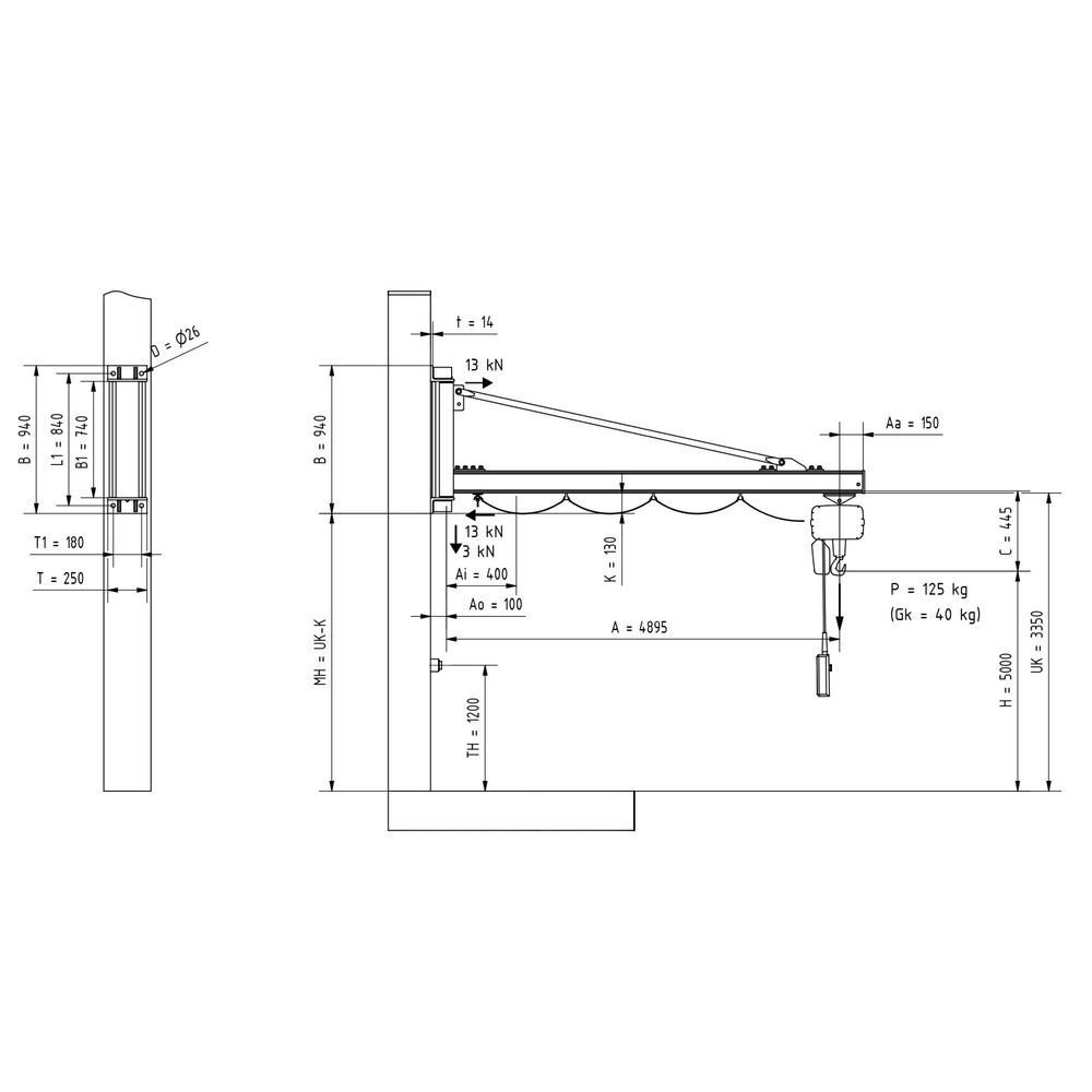 N° de l'image du produit 2 : Potence VETTER®, palan électrique à chaîne LIFTKET inclus, version murale, portée 4 900 mm, capacité de charge 125 kg
