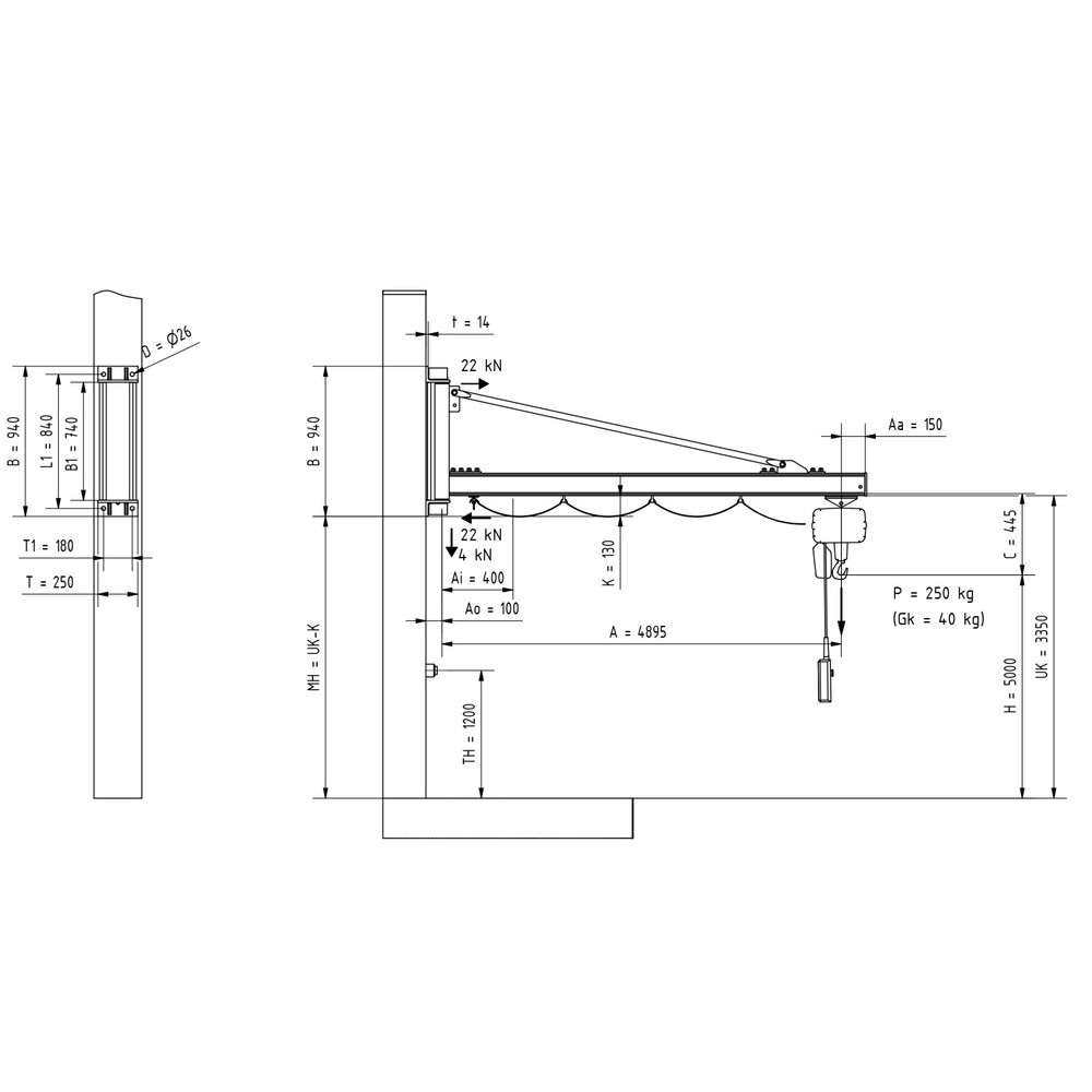Numéro de l'image du produit 2: Potence VETTER®, palan électrique à chaîne LIFTKET inclus, version murale, portée 4 900 mm, capacité de charge 250 kg