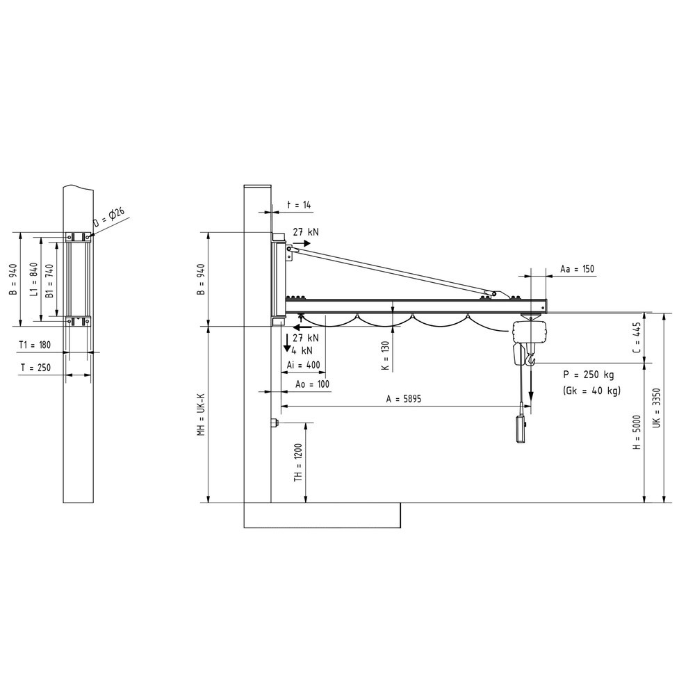 Numéro de l'image du produit 2: Potence VETTER®, palan électrique à chaîne LIFTKET inclus, version murale, portée 5 900 mm, capacité de charge 250 kg