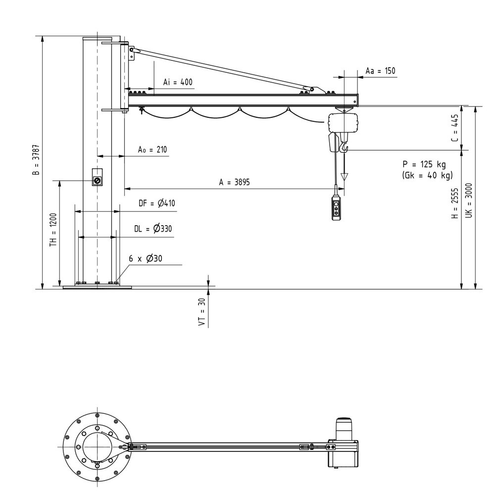 Numéro de l'image du produit 2: Potence VETTER®, palan électrique à chaîne LIFTKET inclus, version sur fût, portée 3 900 mm, capacité de charge 125 kg