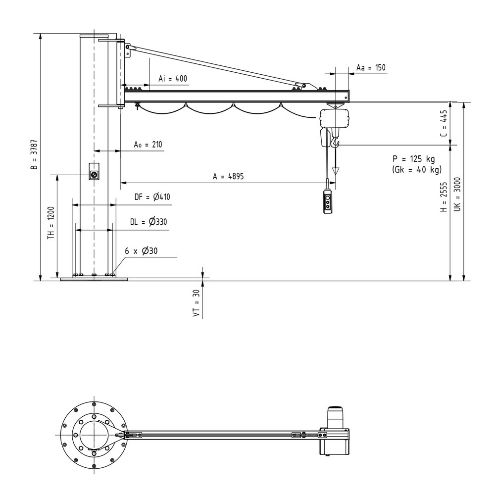 Numéro de l'image du produit 2: Potence VETTER®, palan électrique à chaîne LIFTKET inclus, version sur fût, portée 4 900 mm, capacité de charge 125 kg