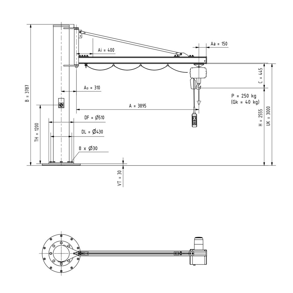 N° de l'image du produit 3 : Potence VETTER®, palan électrique à chaîne LIFTKET inclus, version sur fût, portée 3 900 mm, capacité de charge 250 kg