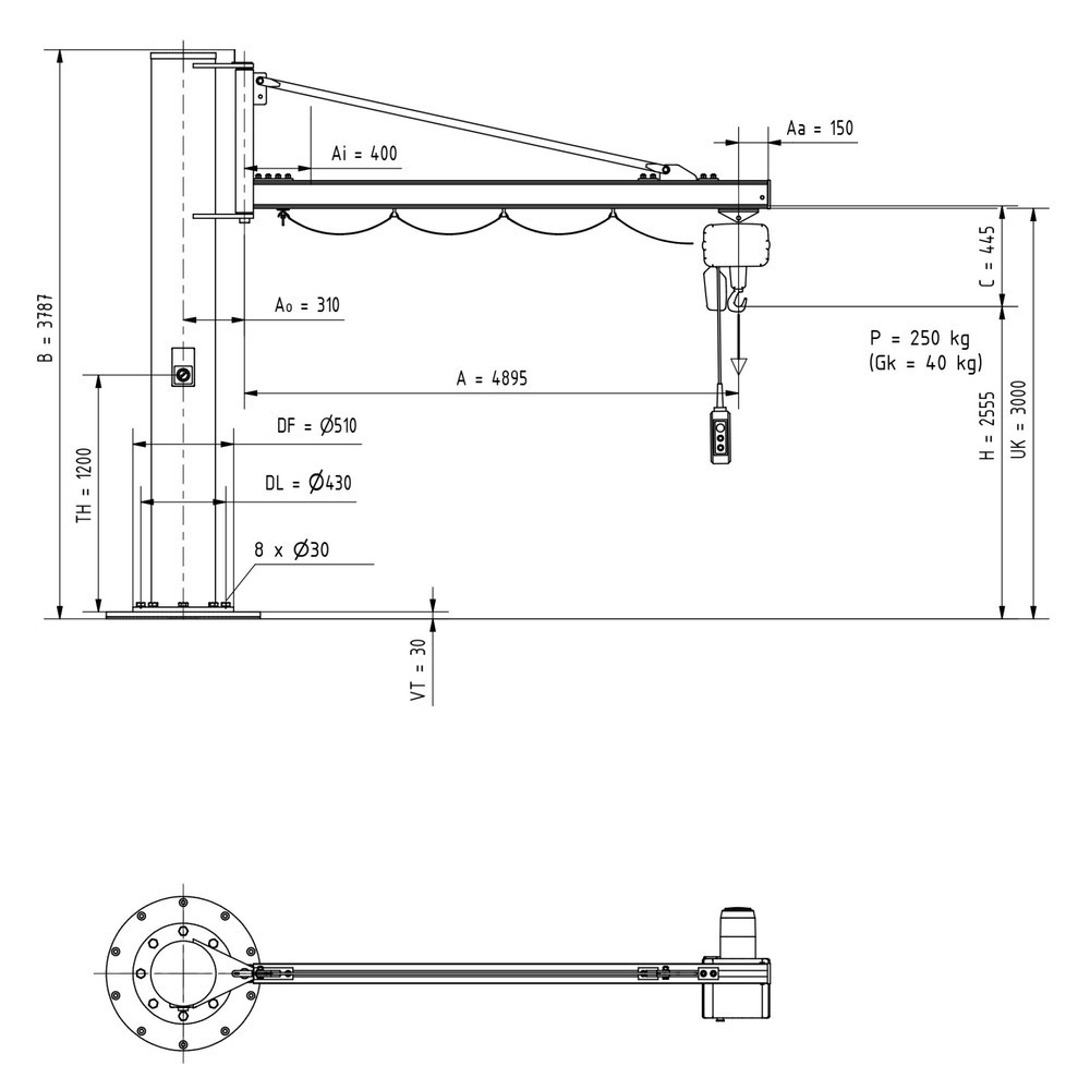 Numéro de l'image du produit 2: Potence VETTER®, palan électrique à chaîne LIFTKET inclus, version sur fût, portée 4 900 mm, capacité de charge 250 kg