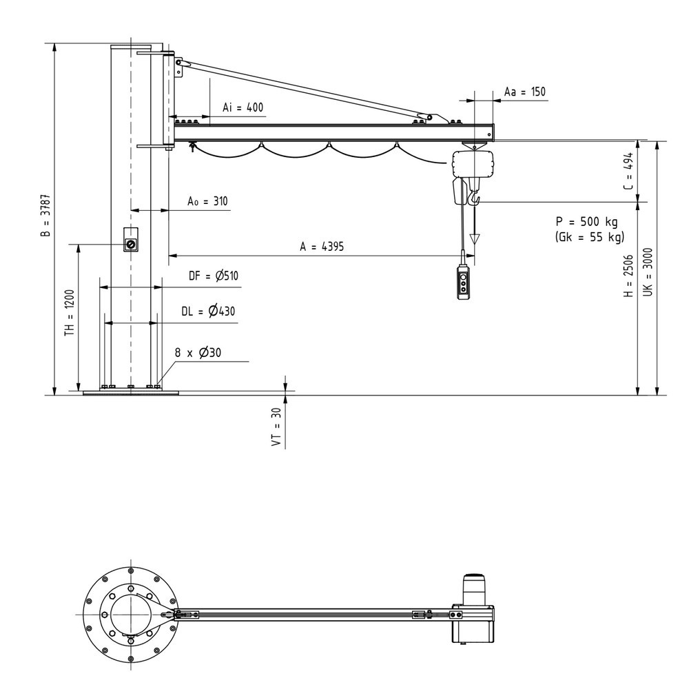 Numéro de l'image du produit 2: Potence VETTER®, palan électrique à chaîne LIFTKET inclus, version sur fût, portée 4 400 mm, capacité de charge 500 kg