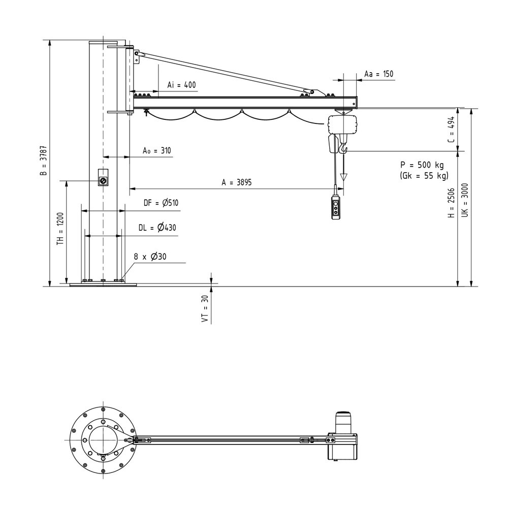 Numéro de l'image du produit 2: Potence VETTER®, palan électrique à chaîne LIFTKET inclus, version sur fût, portée 3 900 mm, capacité de charge 500 kg