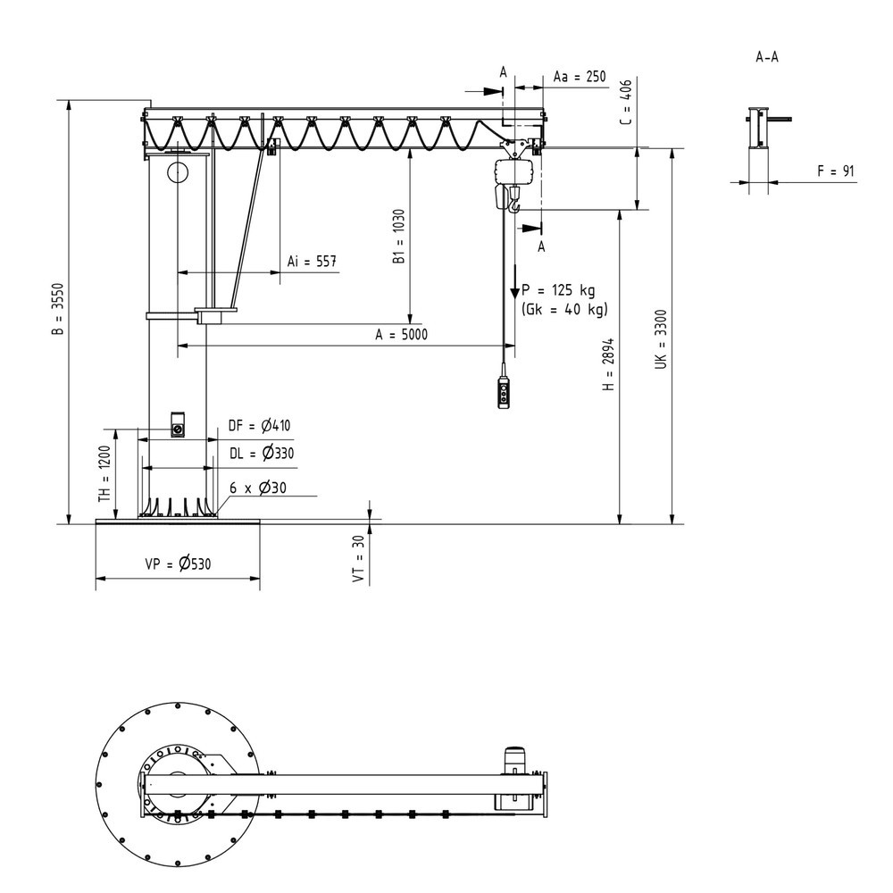 N° de l'image du produit 3 : Potence VETTER®, palan électrique à chaîne LIFTKET inclus, version sur fût, plage de pivotement de 360°, portée 5 000 mm, palan électrique à chaîne LIFTKET inclus, capacité de charge 125 kg