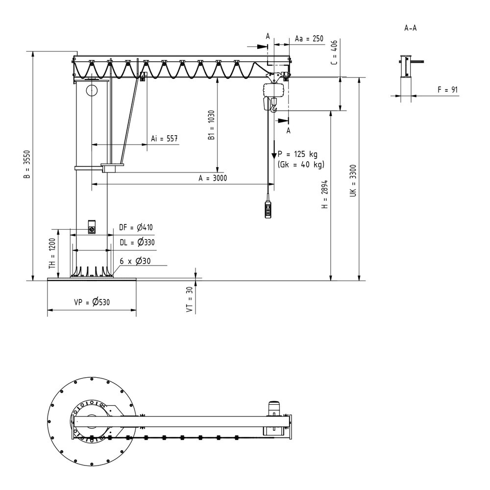 Numéro de l'image du produit 2: Potence VETTER®, palan électrique à chaîne LIFTKET inclus, version sur fût, plage de pivotement de 360°, portée 3 000 mm, palan électrique à chaîne LIFTKET inclus, capacité de charge 125 kg