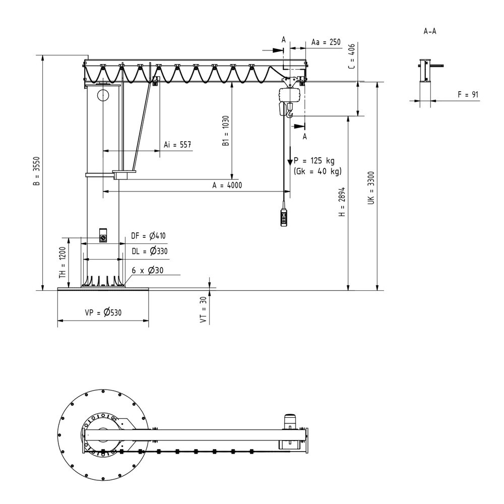 Numéro de l'image du produit 2: Potence VETTER®, palan électrique à chaîne LIFTKET inclus, version sur fût, plage de pivotement de 360°, portée 4 000 mm, palan électrique à chaîne LIFTKET inclus, capacité de charge 125 kg
