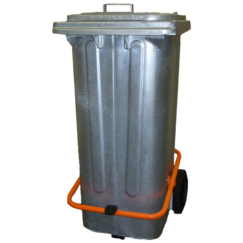 Poubelle en tôle d'acier galvanisée à chaud, 120 litres, avec roulettes et pédale Illustration du produit: Poubelle en tôle d'acier galvanisée à chaud, 120 litres, avec roulettes et pédale