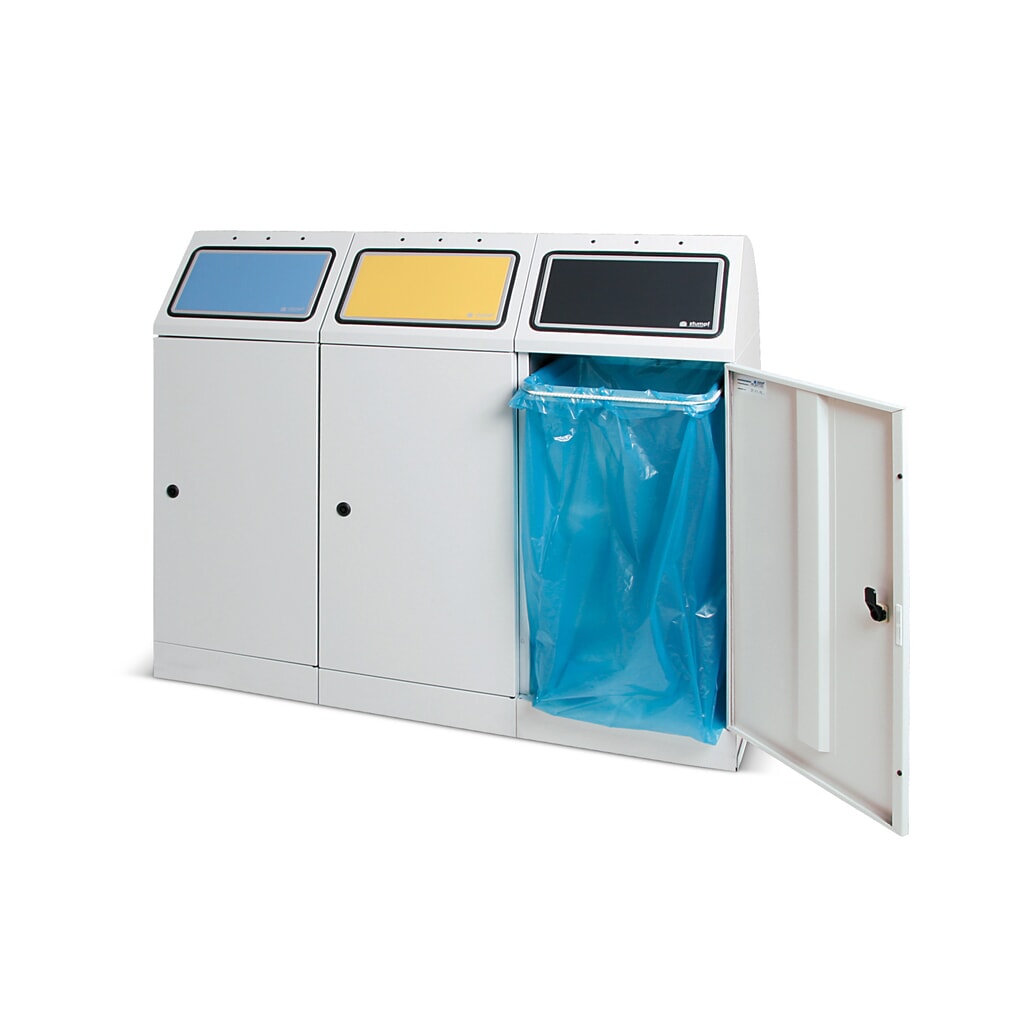 Collecteur de recyclage stumpf®, 3x 70 litres, avec porte battante et support pour sac poubelle Illustration du produit: Collecteur de recyclage stumpf®, 3x 70 litres, avec porte battante et support pour sac poubelle