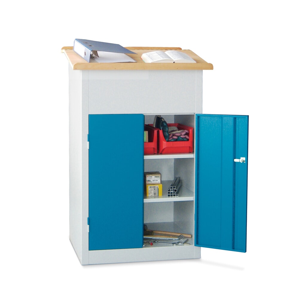 Illustration du produit: Armoire pupitre PAVOY avec armoire + plateau en bois, fermée, 2 tablettes, gris clair, gris clair