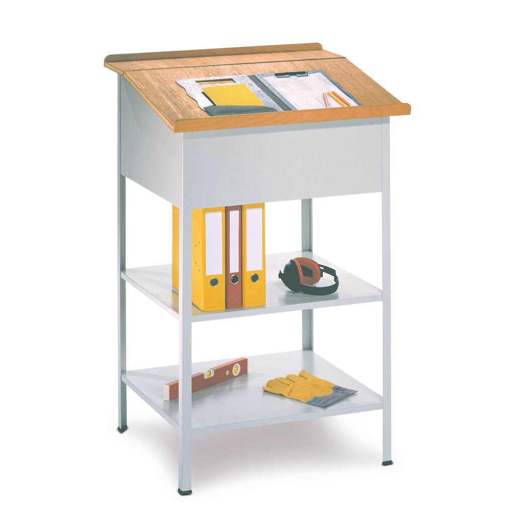 Illustration du produit: PAVOY pupitre industriel avec plateau en bois, ouvert, 2 tablettes, gris clair