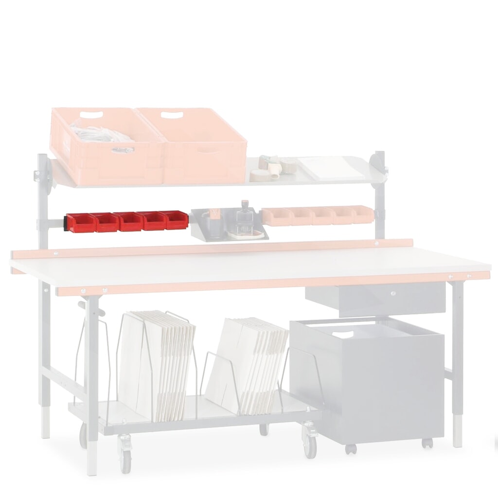 Rail de fixation avec bacs à bec, pour système de table d’emballage Rocholz, livré avec 5 bacs Illustration du produit: Rail de fixation avec bacs à bec, pour système de table d’emballage Rocholz, livré avec 5 bacs