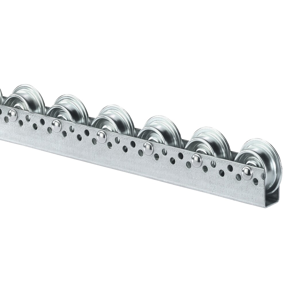 Rail à galets universel, galets en acier, avec boudin de roue, paliers de 100 mm, capacité de charge par galet 20 N° de l'image du produit 1 : Rail à galets universel, galets en acier, avec boudin de roue, paliers de 100 mm, capacité de charge par galet 20