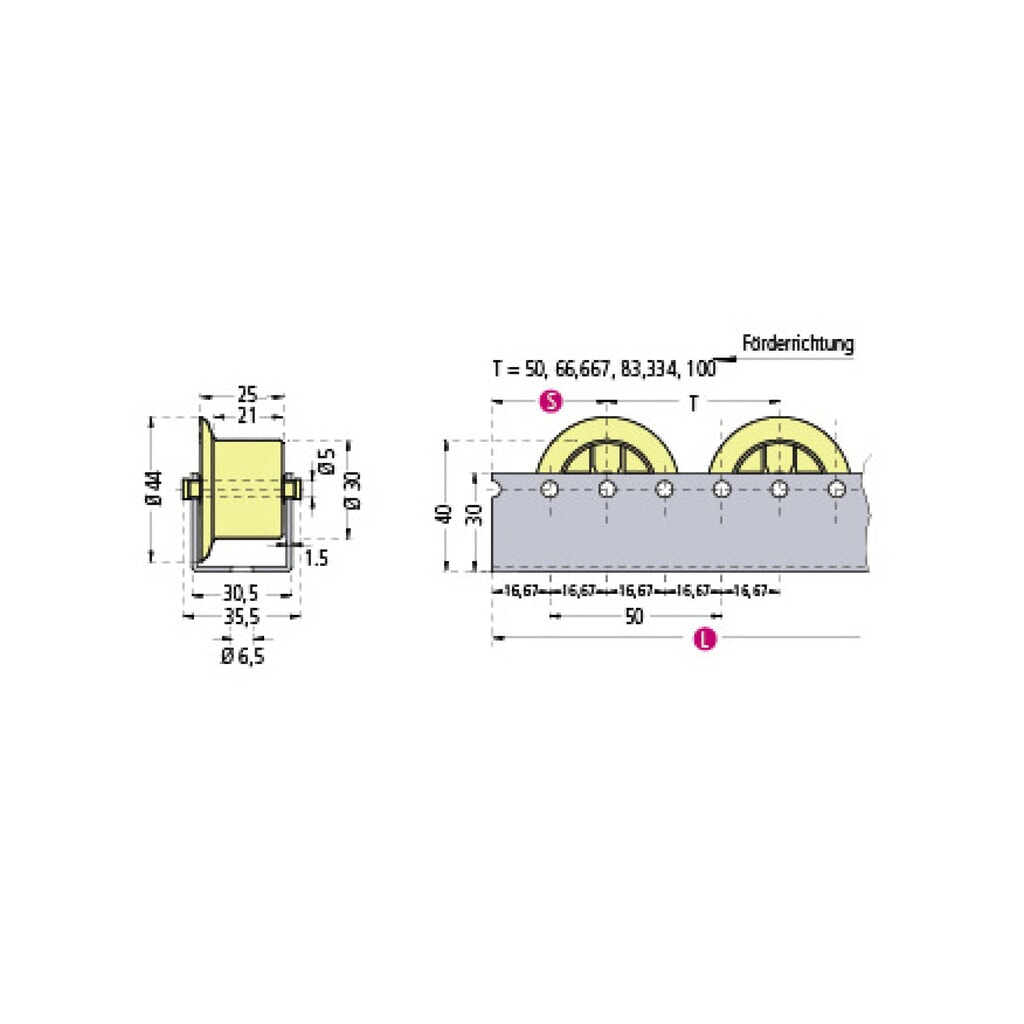 Rail à rouleaux BS ROLLEN, rouleaux en plastique robustes avec rebord pour charges moyennes, charge par rouleau 12 kg, division 100 mm N° de l'image du produit 2 : Rail à rouleaux BS ROLLEN, rouleaux en plastique robustes avec rebord pour charges moyennes, charge par rouleau 12 kg, division 100 mm