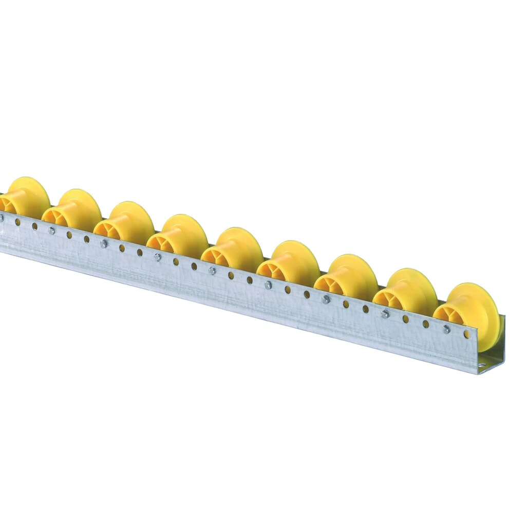 Rail à rouleaux BS ROLLEN, rouleaux en plastique robustes avec rebord pour charges moyennes, charge par rouleau 12 kg, division 100 mm N° de l'image du produit 1 : Rail à rouleaux BS ROLLEN, rouleaux en plastique robustes avec rebord pour charges moyennes, charge par rouleau 12 kg, division 100 mm