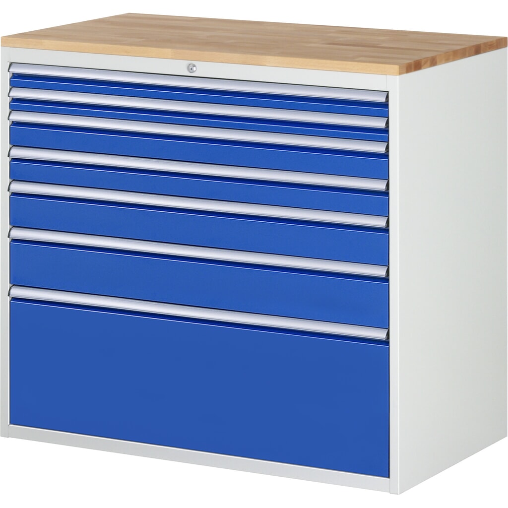 Illustration du produit: RAU Armoire à tiroirs Série 7000, HxlxP 1 035 x 1 145 x 650 mm, 7 tiroirs 2 x 60, 2 x 90, 1 x 120, 1 x 150, 1 x 360 mm, plan de travail en hêtre
