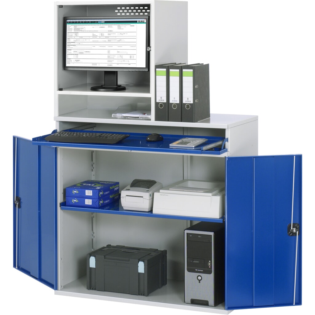 RAU Armoire informatique, boîtier d’écran, porte-clavier coulissant, double porte battante