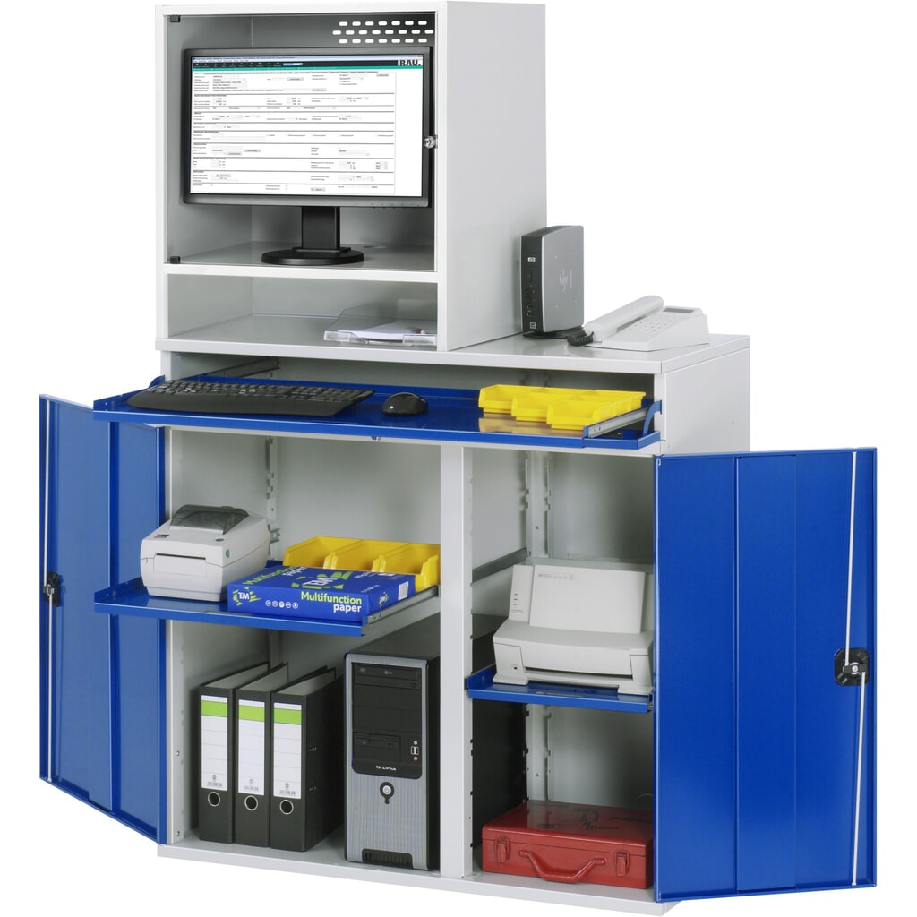 RAU Armoire informatique, boîtier d’écran, porte-clavier coulissant, double porte battante