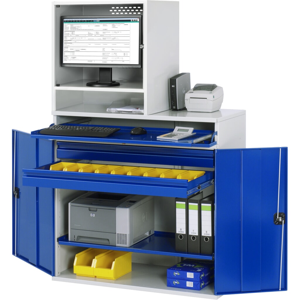 RAU Armoire informatique, boîtier d’écran, porte-clavier coulissant, double porte battante, tiroirs