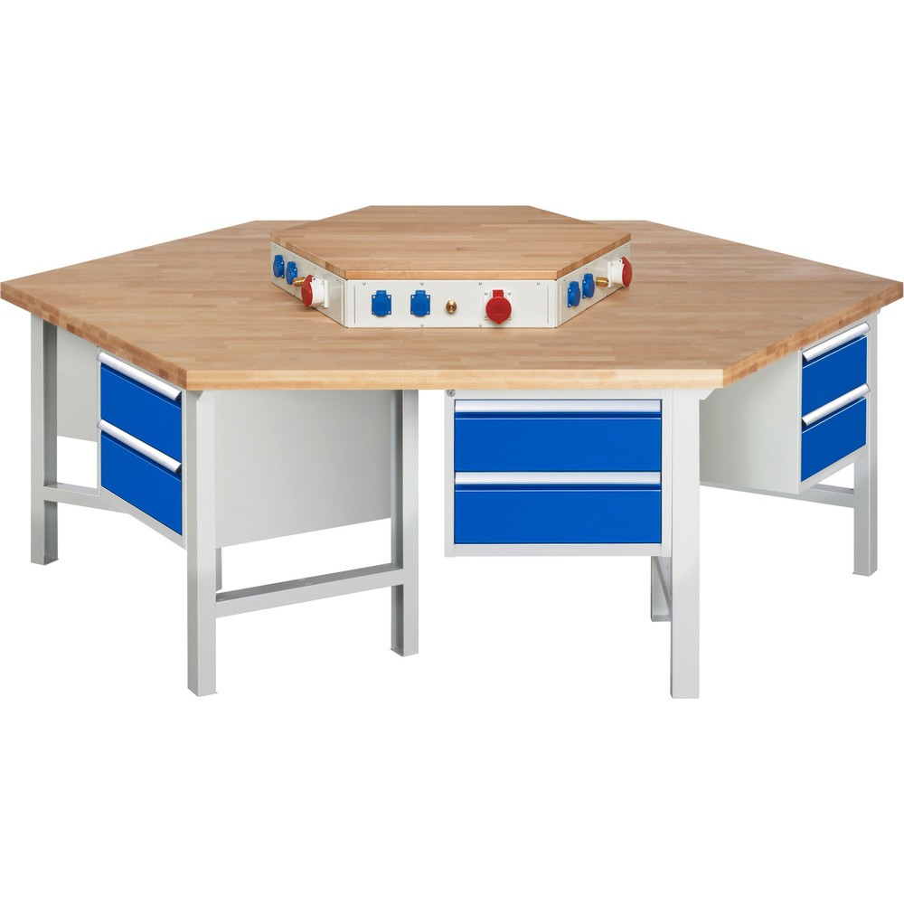 N° de l'image du produit 1 : RAU Établi de groupe série 4000, rehausse d'alimentation, 6 caissons, HxlxP 800-1 150 x 2 700 x 2 340 mm, x tiroirs extractibles à 100 % avec ErgoScript®