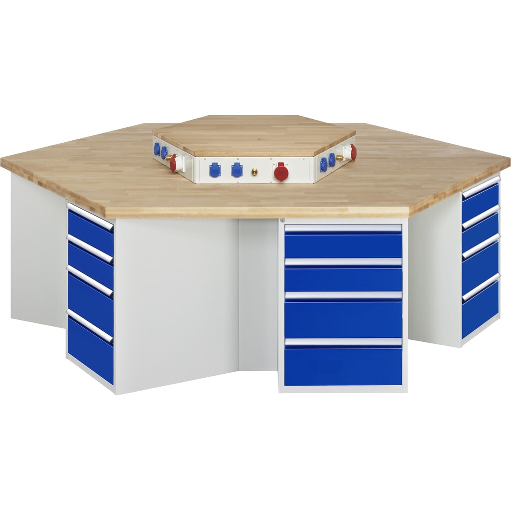 N° de l'image du produit 1 : RAU Établi de groupe série 4000, rehausse d'alimentation, 6 caissons, HxlxP 840 x 2 700 x 2 340 mm, x tiroirs extractibles à 90 % avec ErgoScript® 12 x 150 mm, 12 x 210 mm