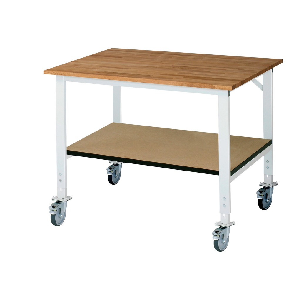 Numéro de l'image du produit 1: RAU Établi mobile réglable en hauteur série TOM avec tablette profondeur 795 mm, hauteur 910-1 230 mm, lxP 1 250 x 1 000 mm, Plan de travail en hêtre massif