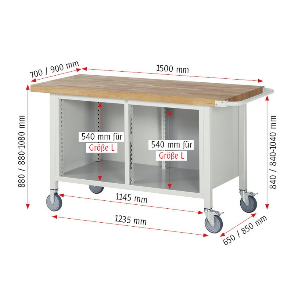 Numéro de l'image du produit 6: RAU Établi mobile série 8000, 1 caisson double, 1 tablette, 1 porte battante, HxlxP 880-1 080 x 1 500 x 700 mm, 3 tiroirs extractibles à 90 %