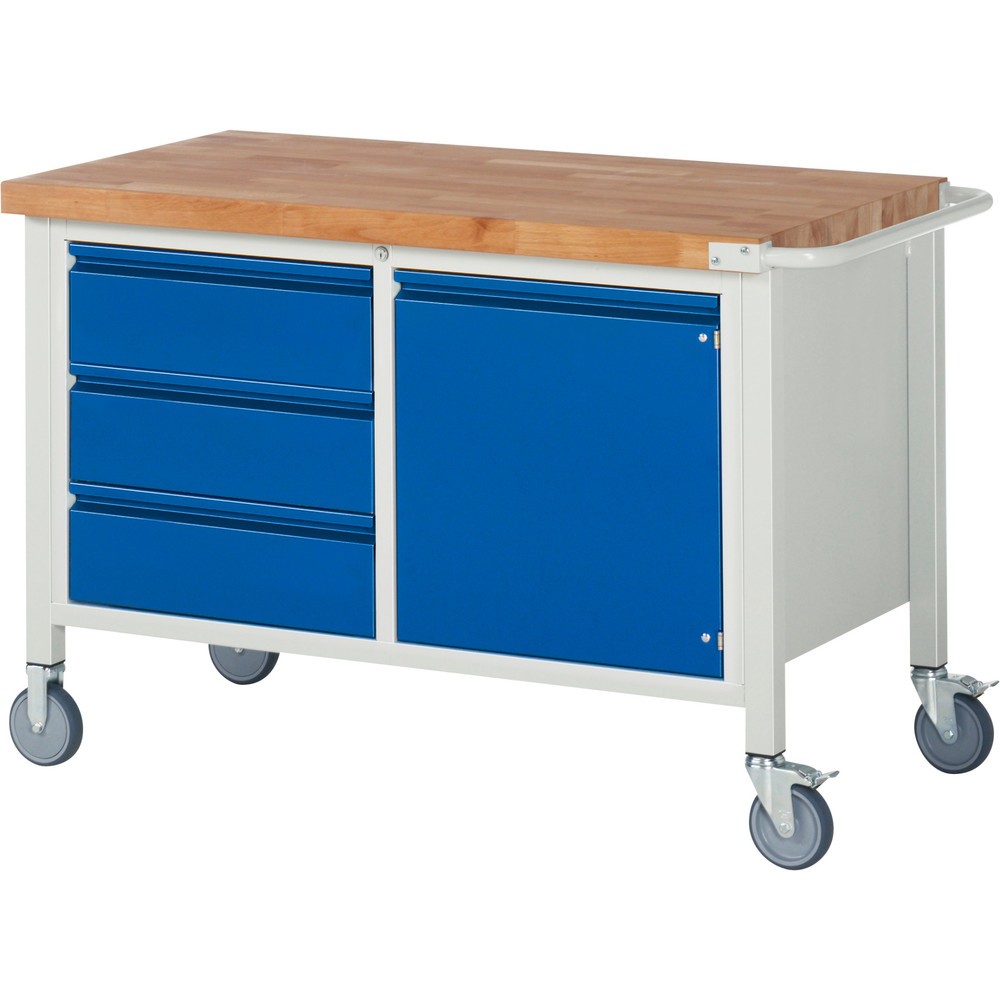 Numéro de l'image du produit 1: RAU Établi mobile série 8000, 1 caisson double, 1 tablette, 1 porte battante, HxlxP 880 x 1 250 x 700 mm, 3 tiroirs 3 x 180 mm