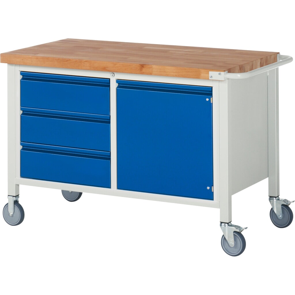 RAU Établi mobile série 8000, 1 caisson double, 1 tablette, 1 porte battante, HxlxP 880 x 1 250 x 700 mm, 3 tiroirs 3 x 180 mm N° de l'image du produit 1 : RAU Établi mobile série 8000, 1 caisson double, 1 tablette, 1 porte battante, HxlxP 880 x 1 250 x 700 mm, 3 tiroirs 3 x 180 mm