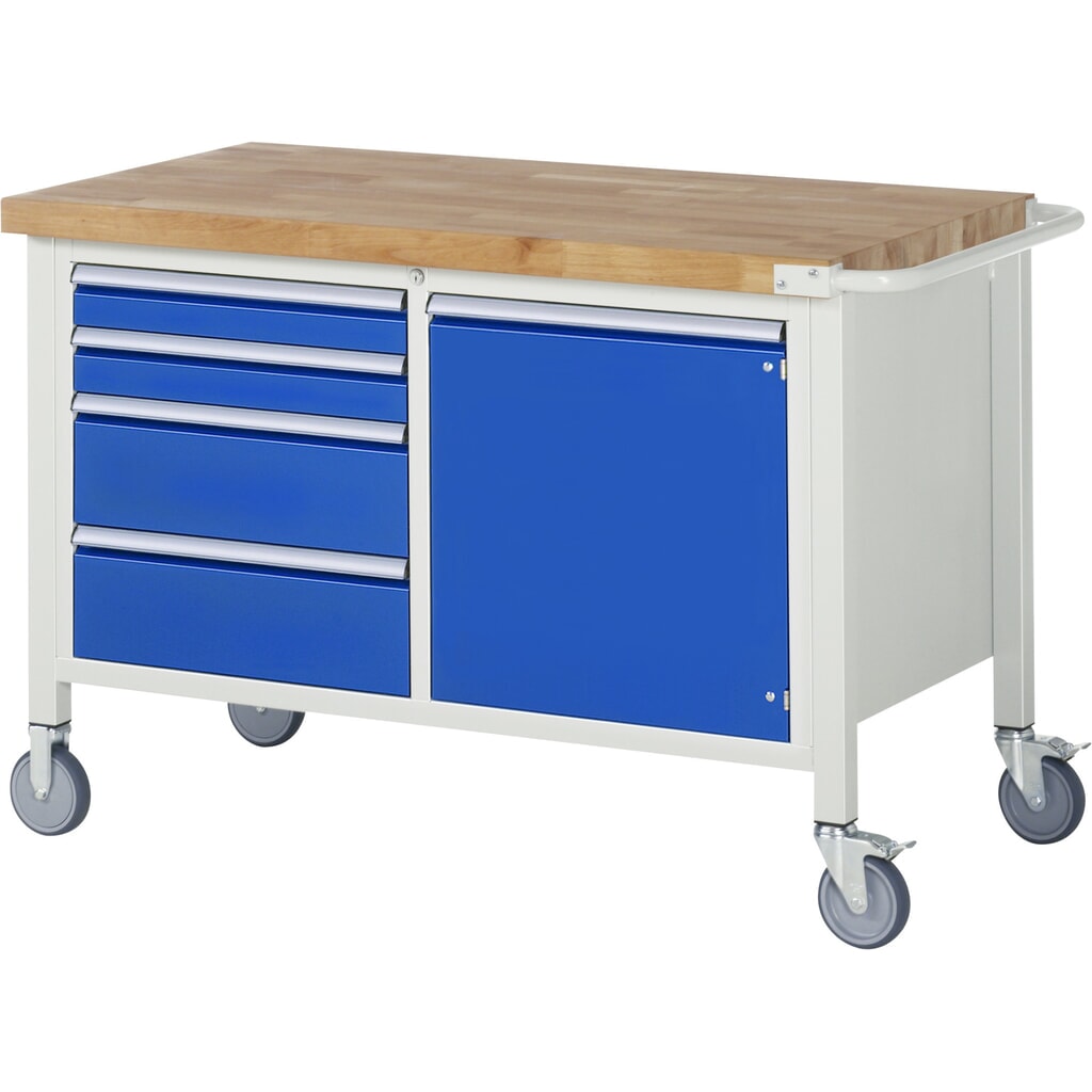RAU Établi mobile série 8000, HxlxP 880 x 1 250 x 700 mm, 1 double caisson sous plateau, avec 4 tiroirs et 1 porte battante Illustration du produit: RAU Établi mobile série 8000, HxlxP 880 x 1 250 x 700 mm, 1 double caisson sous plateau, avec 4 tiroirs et 1 porte battante