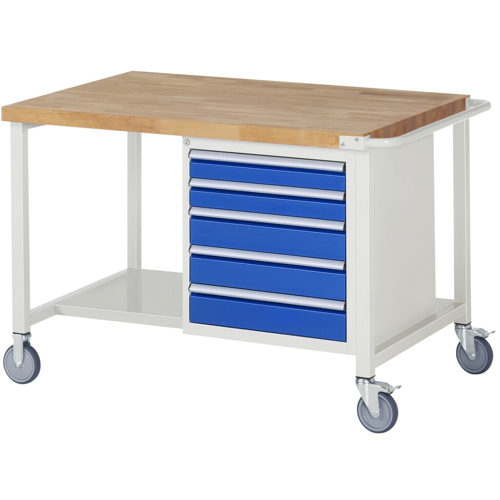Illustration du produit: RAU Établi mobile série 8000, HxlxP 880 x 1 250 x 900 mm, 1 caisson sous plateau, avec 5 tiroirs