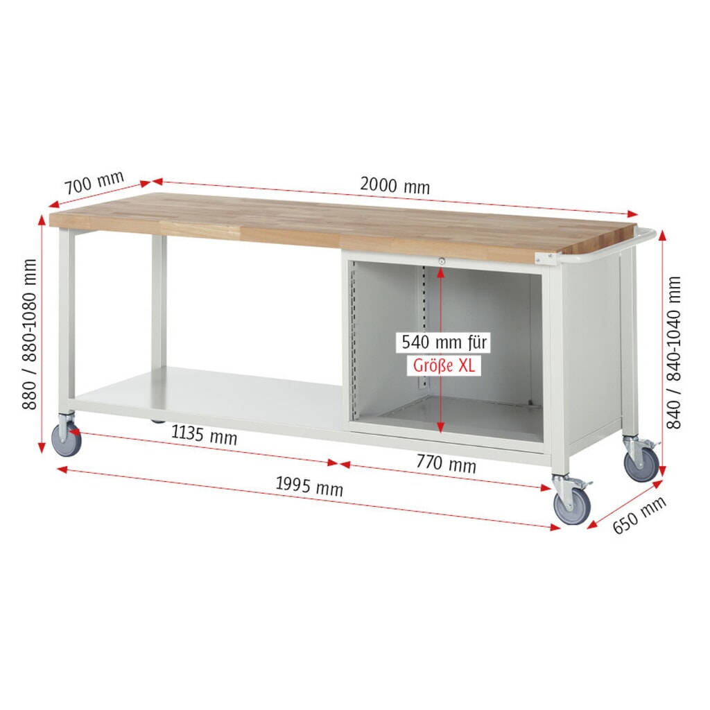 N° de l'image du produit 7 : RAU Établi mobile série 8000, 1 tablette, HxlxP 880-1 080 x 2 000 x 700 mm, 5 tiroirs extractibles à 100 %, capacité de charge des tiroirs 75 kg