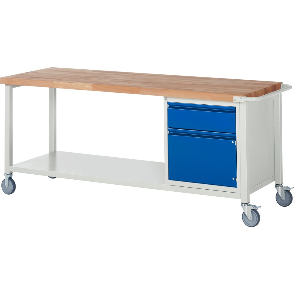 Numéro de l'image du produit 1: RAU Établi mobile série 8000, 1 caisson, 1 porte battante, HxlxP 880 x 2 000 x 700 mm, 1 tiroir 1 x 180 mm, capacité de charge des tiroirs 100 kg, 1 tablette profondeur 650 mm