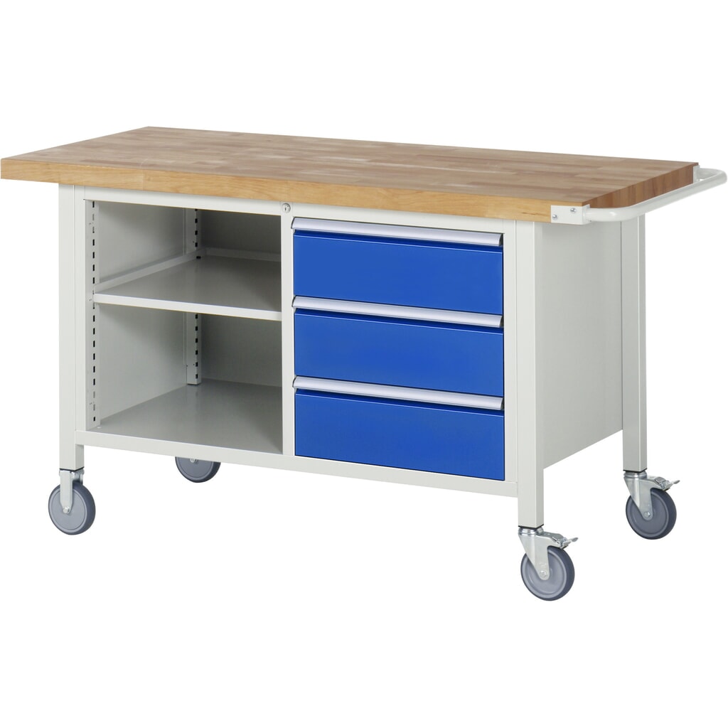 Illustration du produit: RAU Établi mobile série 8000, HxlxP 880 x 1 500 x 700 mm, 1 double caisson sous plateau, avec 3 tiroirs et compartiment de rangement