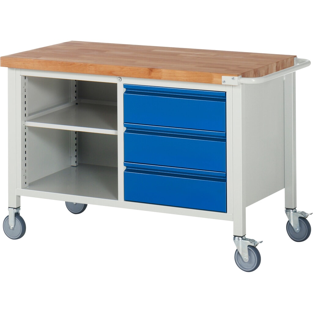 N° de l'image du produit 1 : RAU Établi mobile série 8000, 1 caisson double, 1 tablette, HxlxP 880 x 1 250 x 700 mm, 3 tiroirs 3 x 180 mm