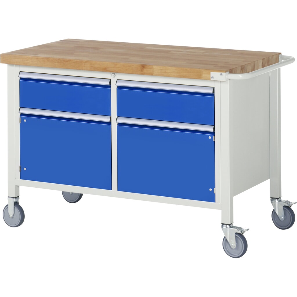 Illustration du produit: RAU Établi mobile série 8000, 1 caisson double, 2 portes battantes, HxlxP 880-1 080 x 1 250 x 700 mm, 2 tiroirs extractibles à 90 %