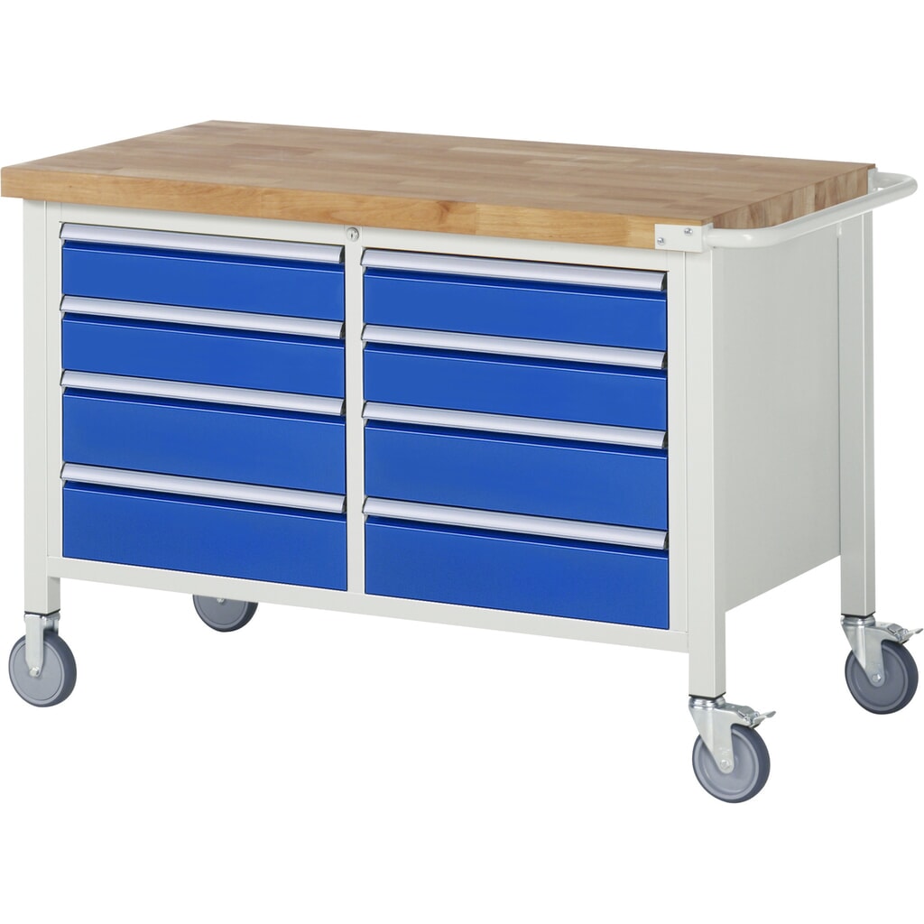 Illustration du produit: RAU Établi mobile série 8000, HxlxP 880 x 1 250 x 700 mm, 1 double caisson sous plateau, avec 8 tiroirs