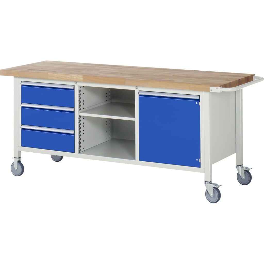 Illustration du produit: RAU Établi mobile série 8000, 1 triple caisson, 1 tablette, 1 porte battante, HxlxP 880-1 080 x 2 000 x 700 mm, 3 tiroirs extractibles à 90 %