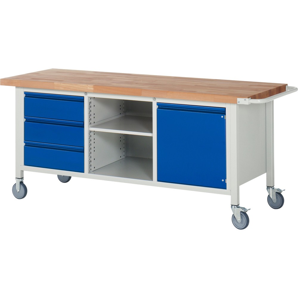 Numéro de l'image du produit 1: RAU Établi mobile série 8000, 1 caisson triple, 1 tablette, 1 porte battante, HxlxP 880 x 2 000 x 700 mm, 3 tiroirs 3 x 180 mm