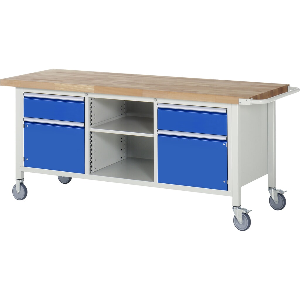 Illustration du produit: RAU Établi mobile série 8000, 1 caisson triple, 1 tablette, 2 portes battantes, HxlxP 880-1 080 x 2 000 x 700 mm, 2 tiroirs extractibles à 90 %