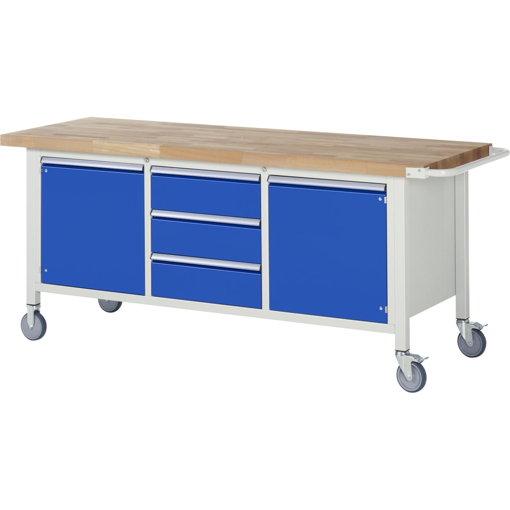 N° de l'image du produit 1 : RAU Établi mobile série 8000, 1 triple caisson, 2 tablettes, 2 portes battantes, HxlxP 880-1 080 x 2 000 x 700 mm, 3 tiroirs extractibles à 90 %