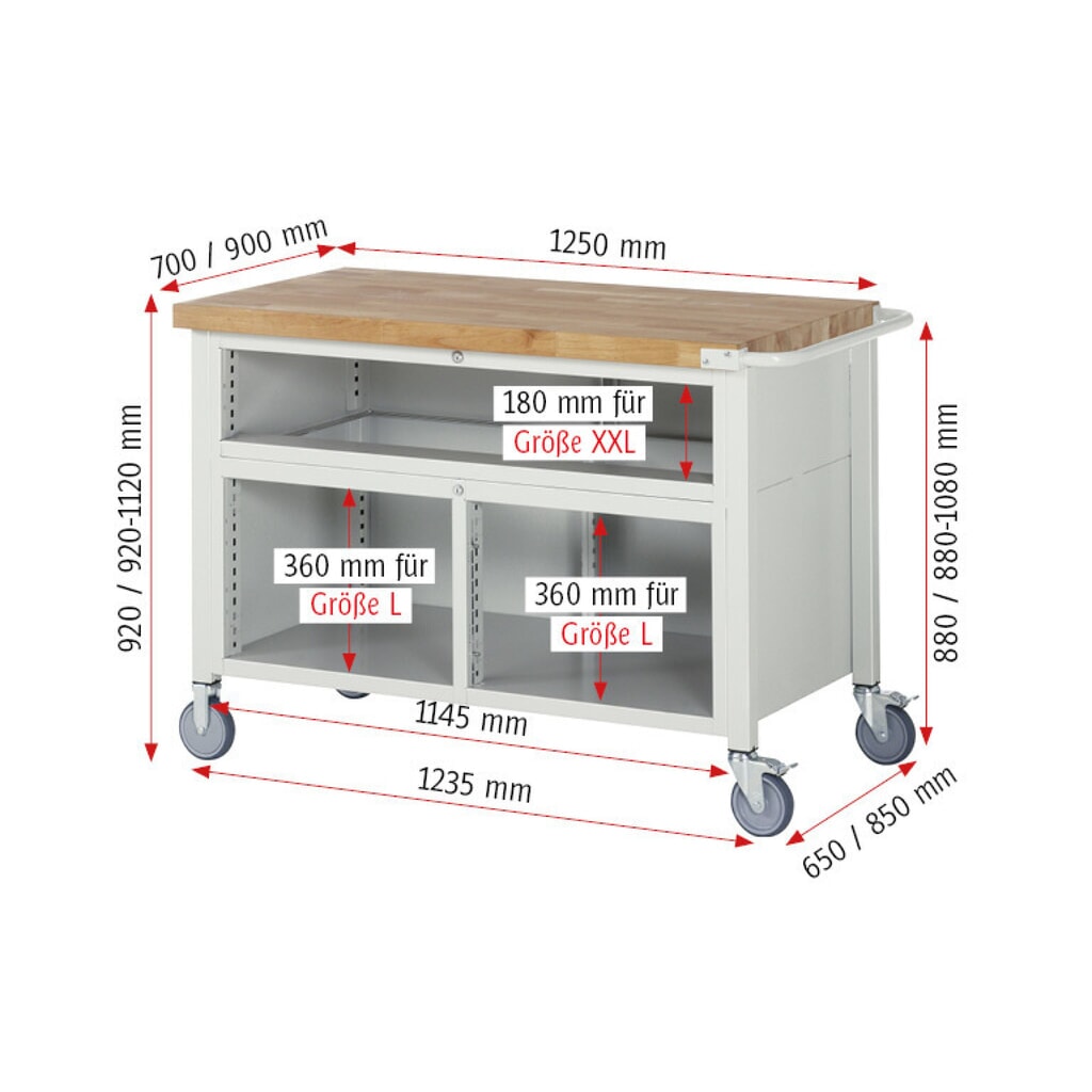 N° de l'image du produit 7 : RAU Établi mobile série 8000, 1 caisson triple, HxlxP 880-1 080 x 1 250 x 900 mm, 7 tiroirs