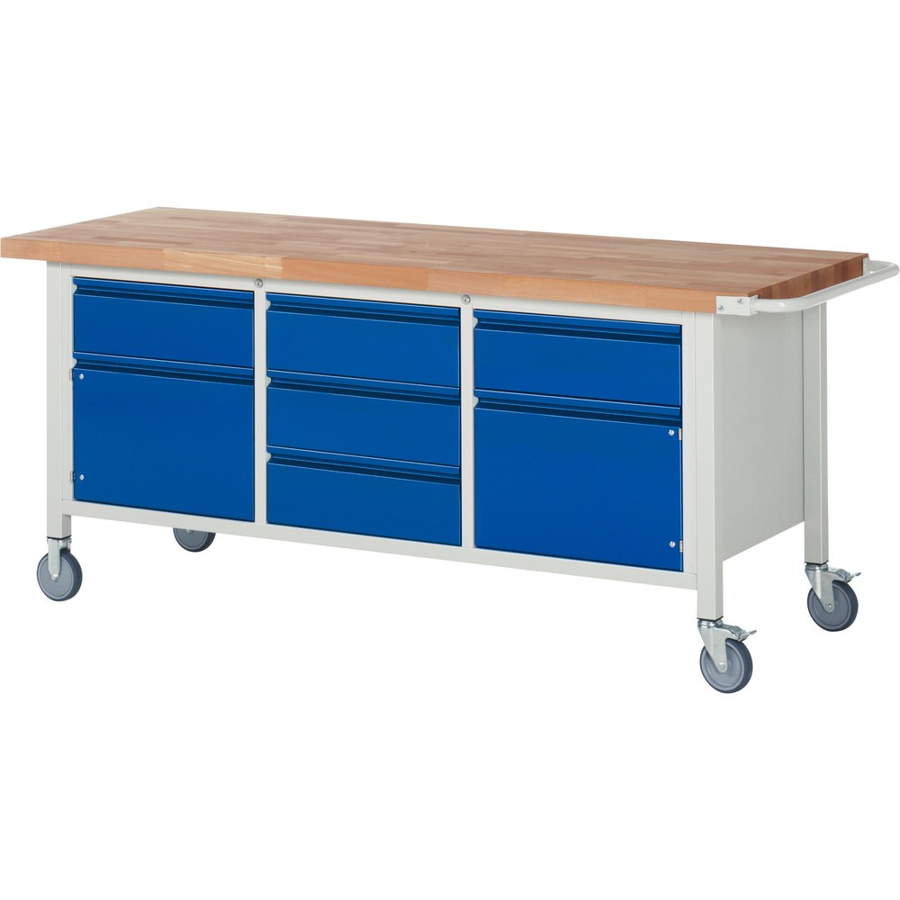 Numéro de l'image du produit 1: RAU Établi mobile série 8000, 1 caisson triple, 2 portes battantes, HxlxP 880 x 2 000 x 700 mm, 5 tiroirs 3 x 180 mm