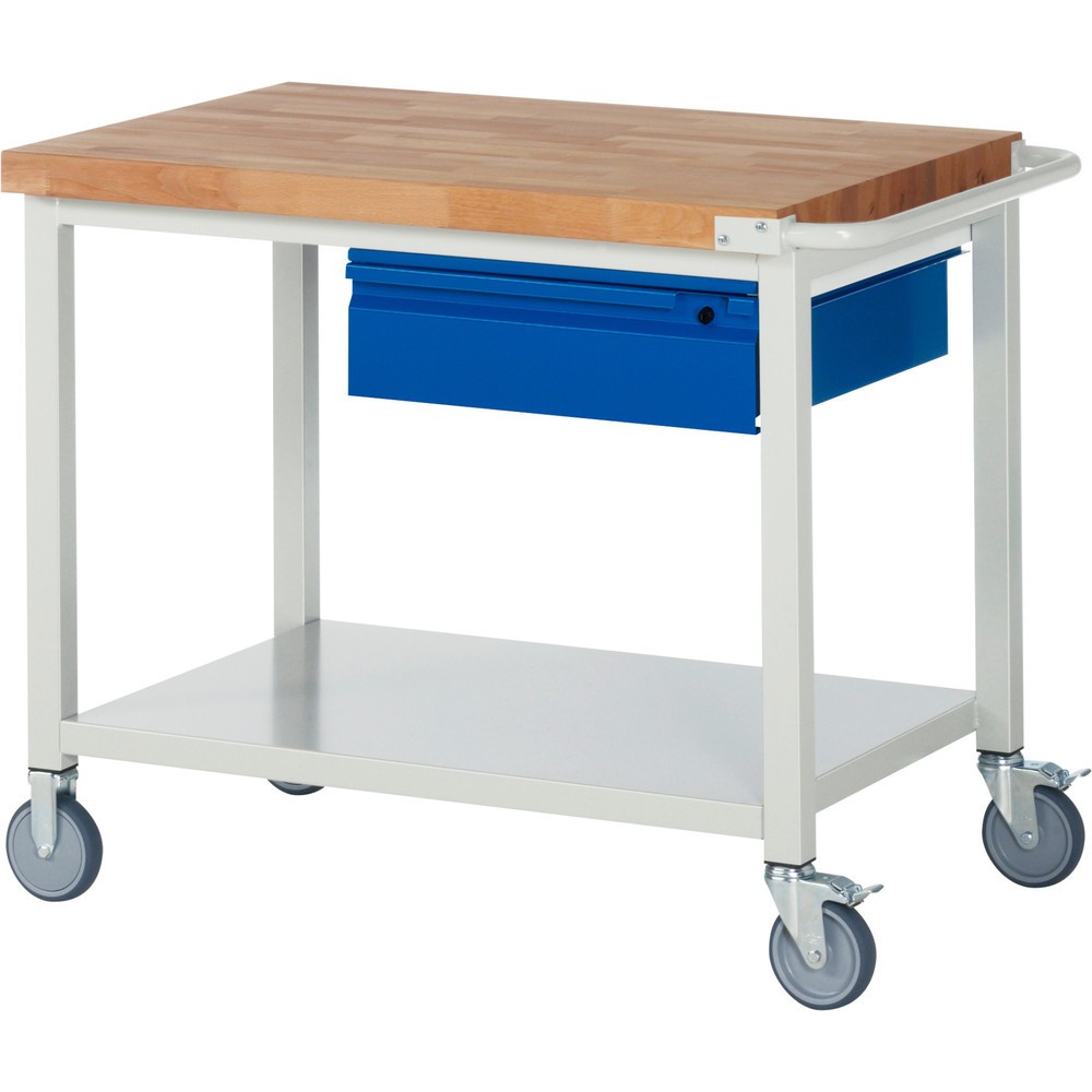 Illustration du produit: RAU Établi mobile série 8000, Plan de travail en hêtre massif, épaisseur 40 mm, HxlxP 880 x 1 000 x 700 mm, 1 tiroir, 1 tablette profondeur 650 mm