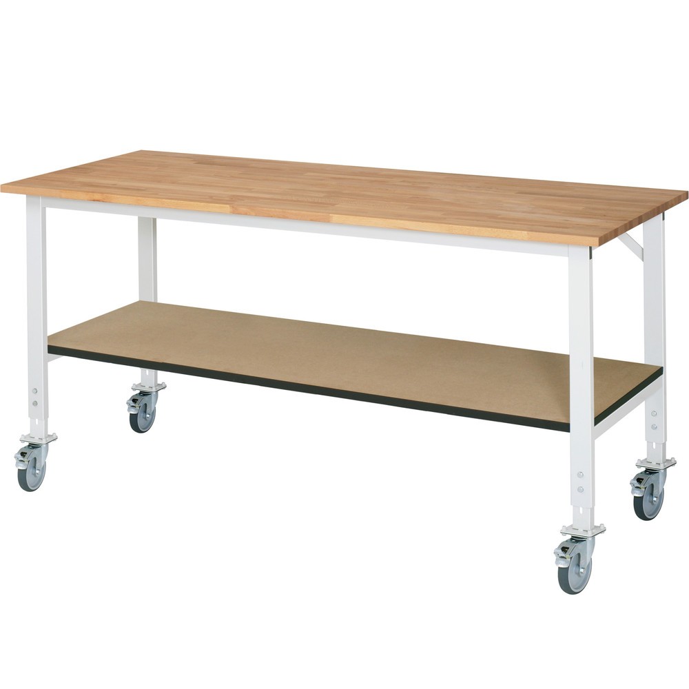 Numéro de l'image du produit 1: RAU Établi mobile réglable en hauteur série TOM, HxlxP 760-1 080 x 2 500 x 800 mm, Plan de travail en hêtre massif