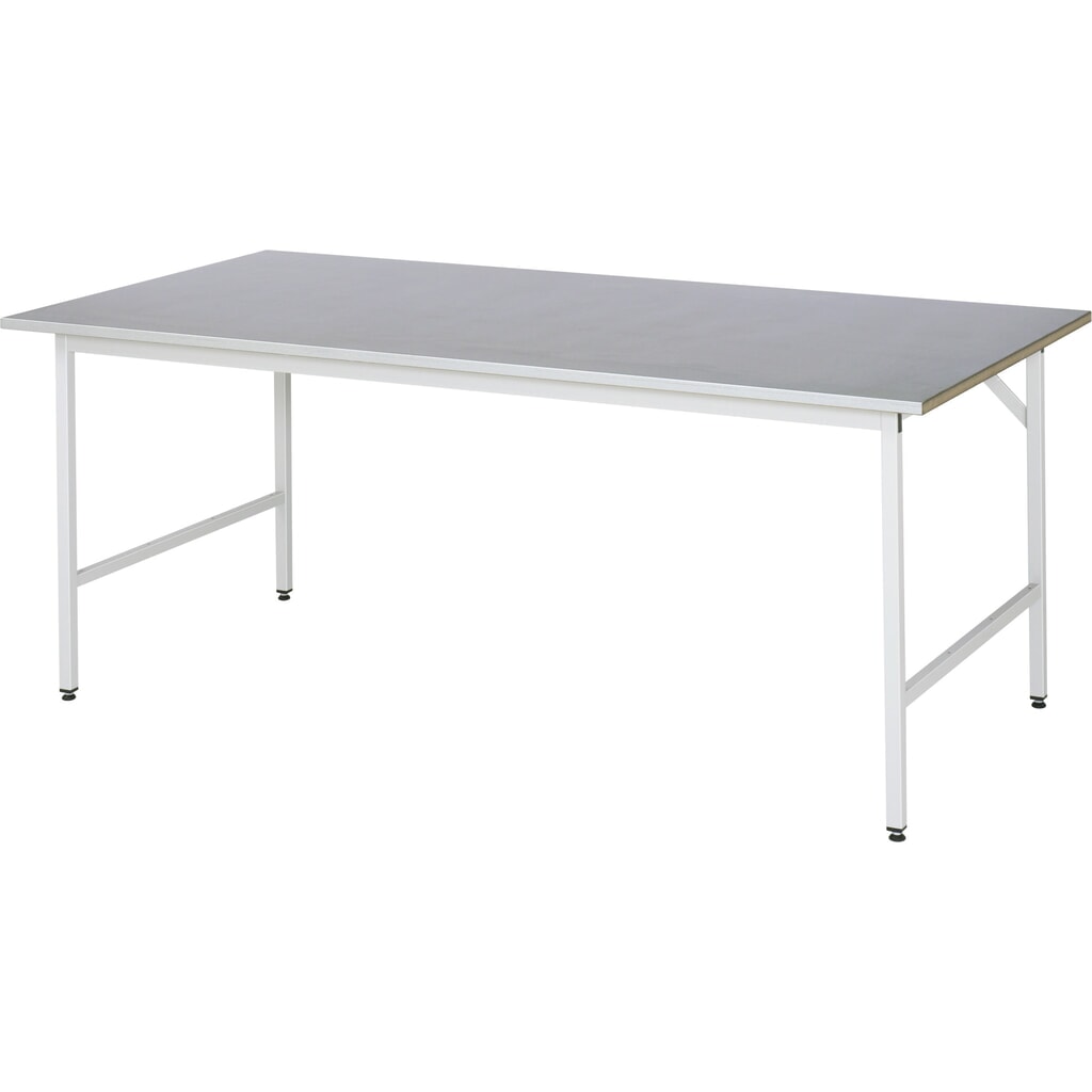 Illustration du produit: RAU Établi réglable en hauteur série JERRY, HxlxP 800-850 x 2 500 x 1 000 mm, Plan de travail avec revêtement en tôle d'acier inoxydable