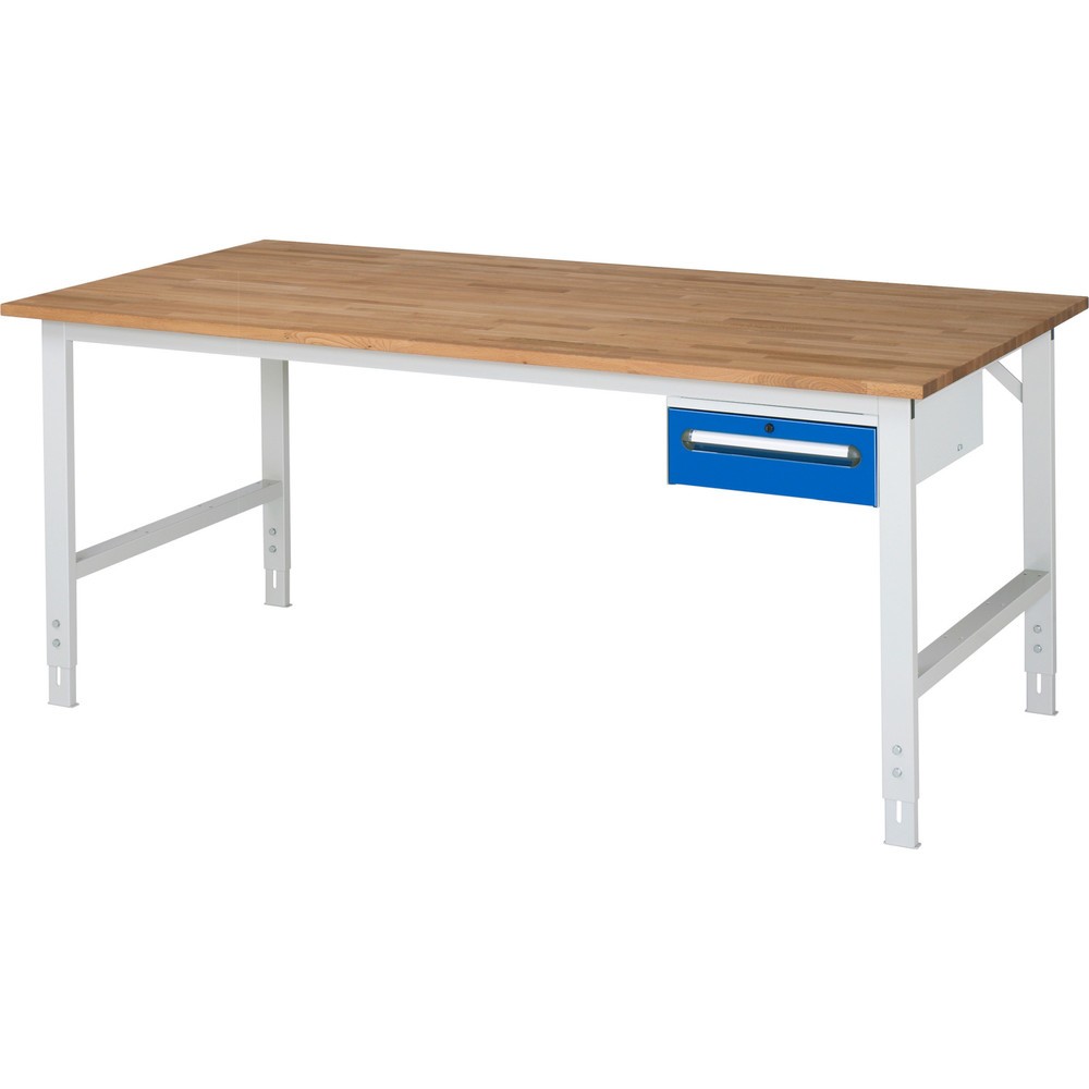 N° de l'image du produit 1 : RAU Établi réglable en hauteur série TOM, HxlxP 760-1 080 x 2 500 x 1 000 mm, 1 tiroir, Plan de travail en hêtre massif