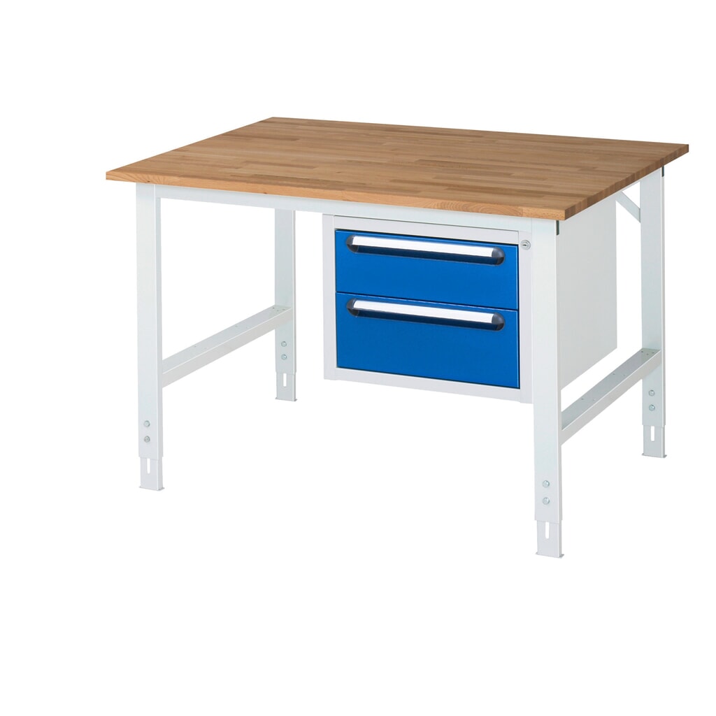 RAU Établi réglable en hauteur série TOM, HxlxP 760-1 080 x 1 250 x 1 000 mm, 2 tiroirs, Plan de travail en hêtre massif Illustration du produit: RAU Établi réglable en hauteur série TOM, HxlxP 760-1 080 x 1 250 x 1 000 mm, 2 tiroirs, Plan de travail en hêtre massif